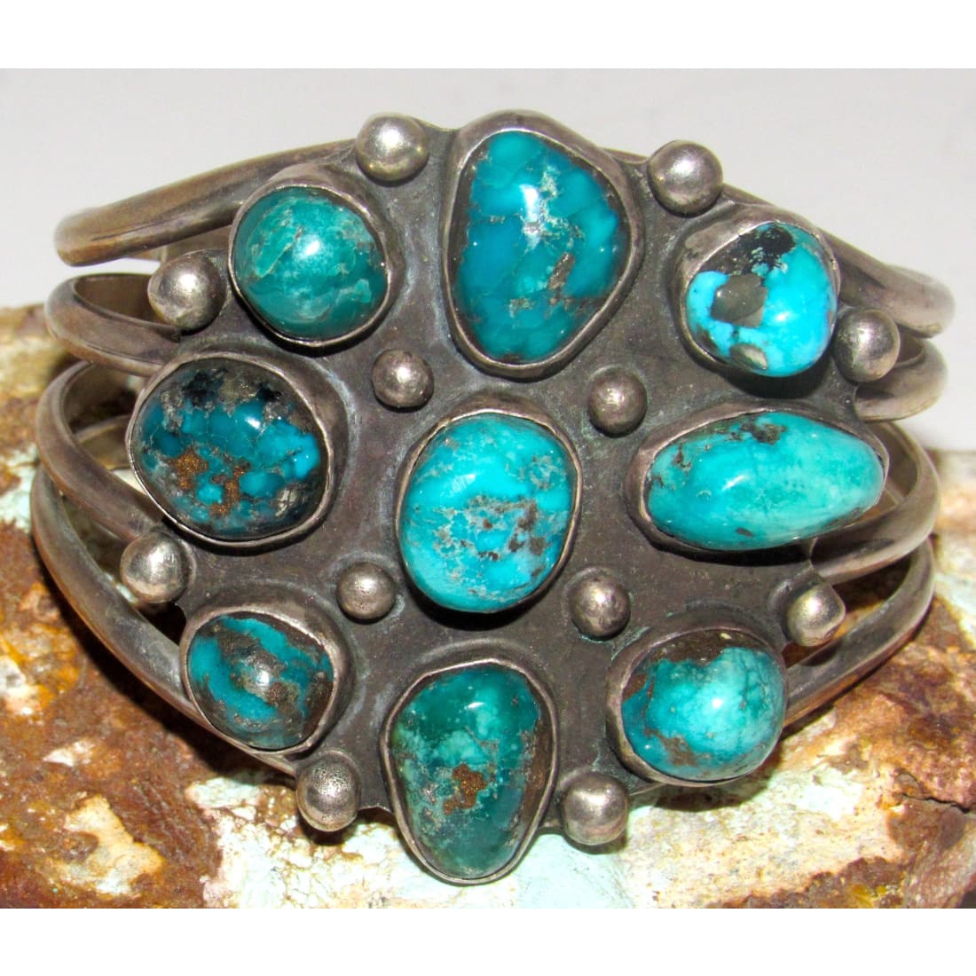 Vintage Massive Navajo Morenci Turquoise Cluster Cuff Bracelet Silver Native Signed