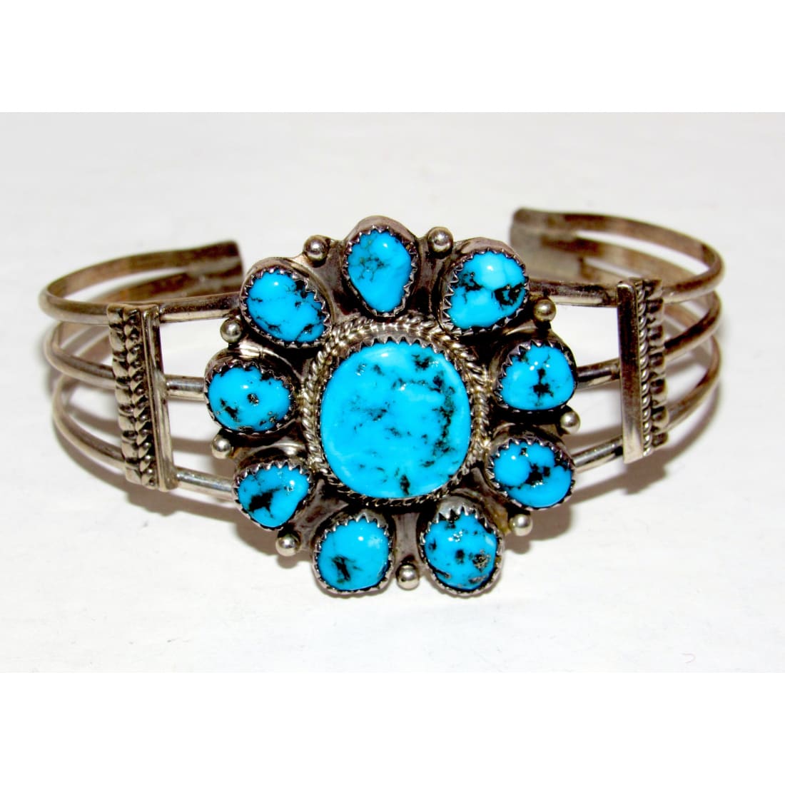 Navajo Kingman Turquoise Cluster Cuff Bracelet Sterling Silver 7" Wrist
