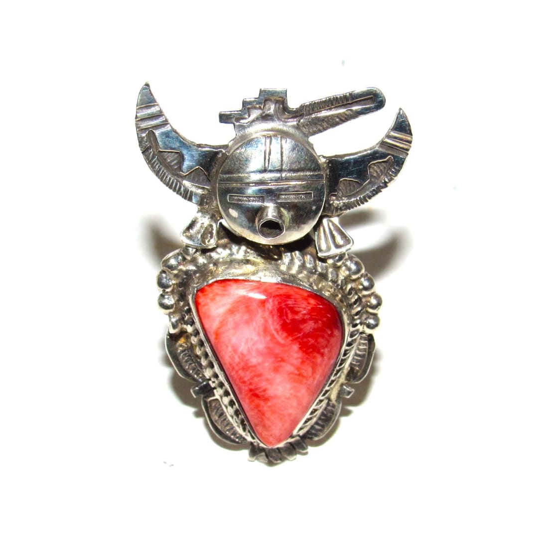 Large Navajo Kachina Ring Sz 11 Bennie Ration Red Orange Spiny Sterling