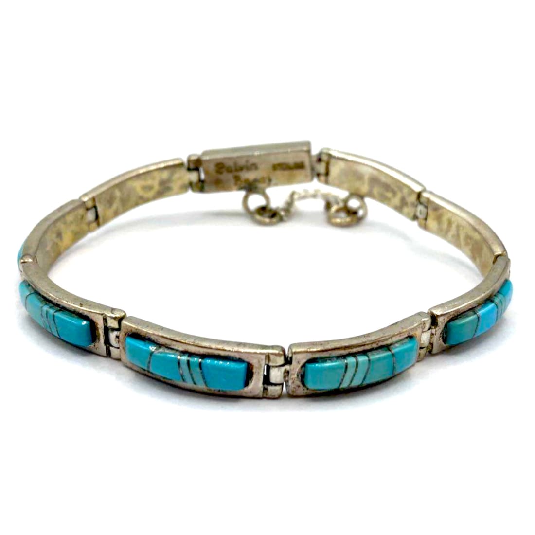 Navajo Turquoise Inlay Link Bracelet Sterling Silver Calvin Begay