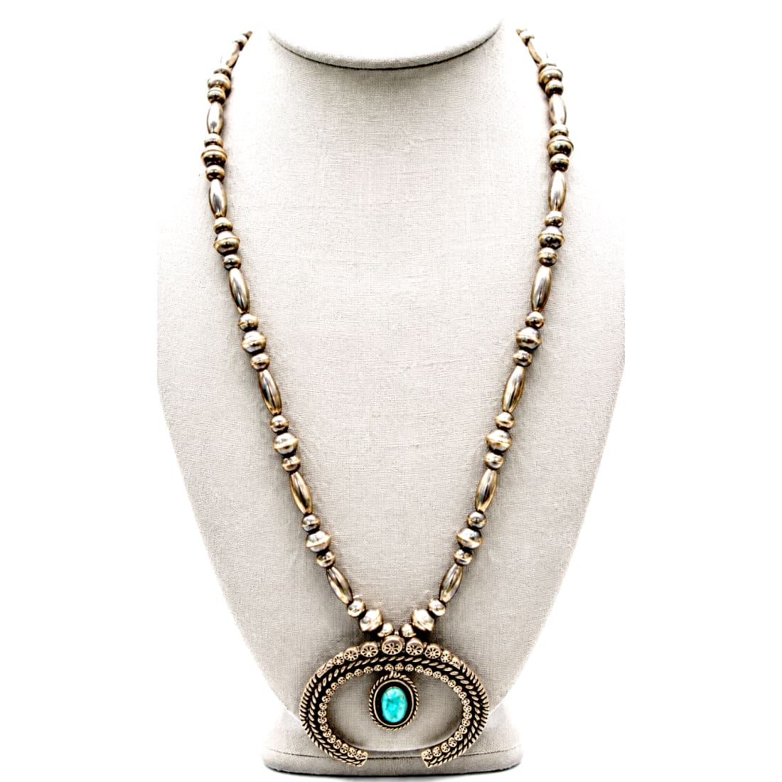 Vintage Navajo Squash Blossom Naja Necklace Sterling Silver Turquoise Navajo Pearls