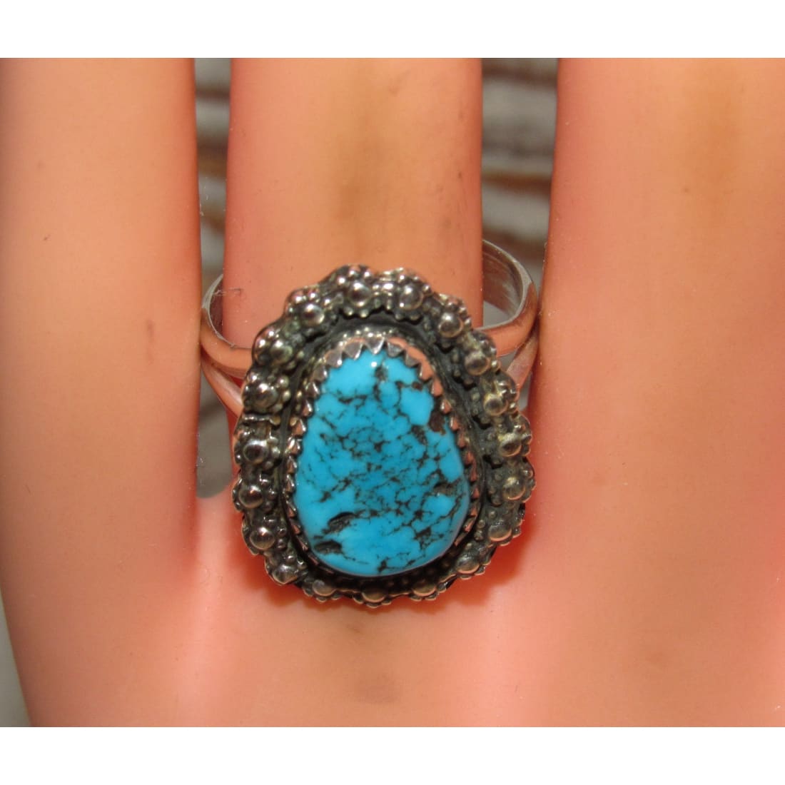 Navajo Kingman Turquoise Statement Ring Sz 7.5 Sterling Silver Signed Native