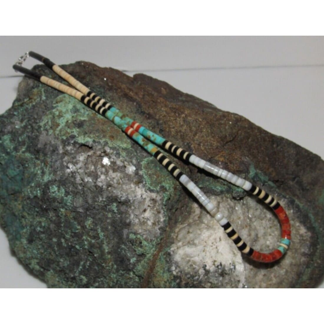 Santo Domingo Rolled Shell Orange Spiny & Turquoise Heishi Choker Necklace 16"L