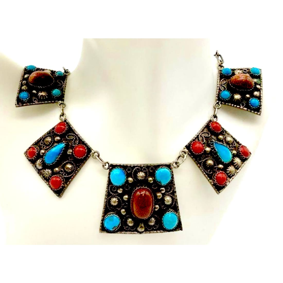 Vintage Mid-Century Mexican Silver Southwestern Revival Statement Necklace