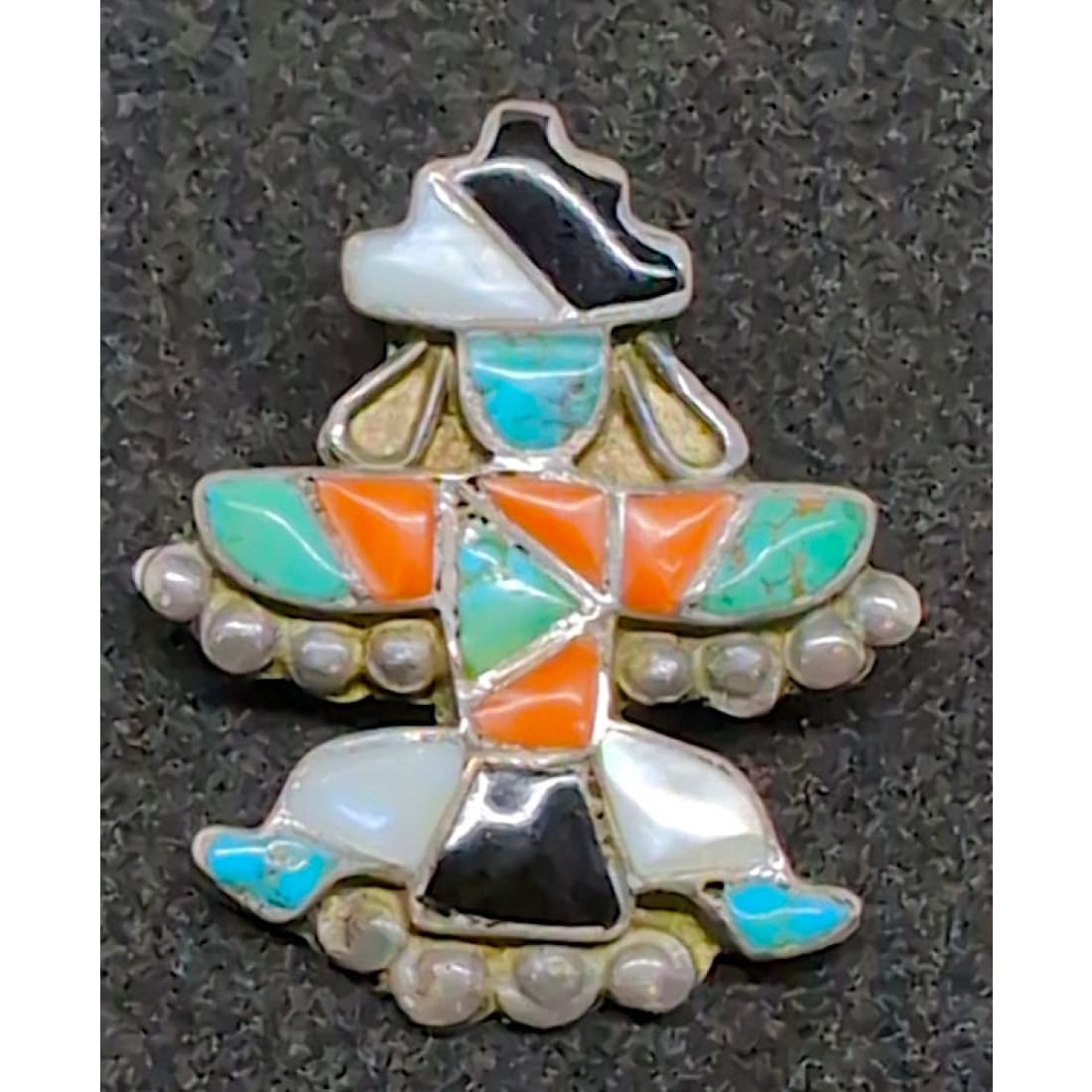Old Pawn Zuni Knifewing Kachina Pin Pendant Sterling Silver Turquoise Coral MOP