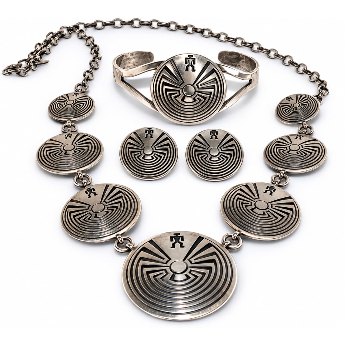 Vintage Navajo Sterling Silver Man in the Maze Jewelry Set Necklace Cuff Earrings