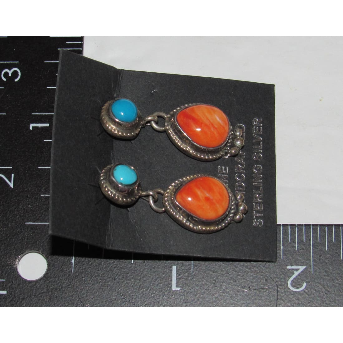 Navajo Turquoise & Orange Spiny Dangle Earrings Sterling Native M. James