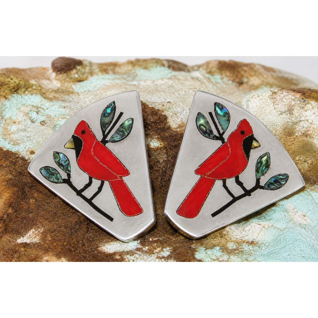 Vintage Zuni Inlay Cardinal Post Earrings Sterling Silver S C Edaakie