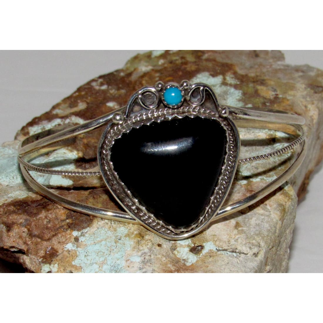 Navajo Cuff Bracelet Onyx Turquoise Sterling Silver Native American S. Yazzie