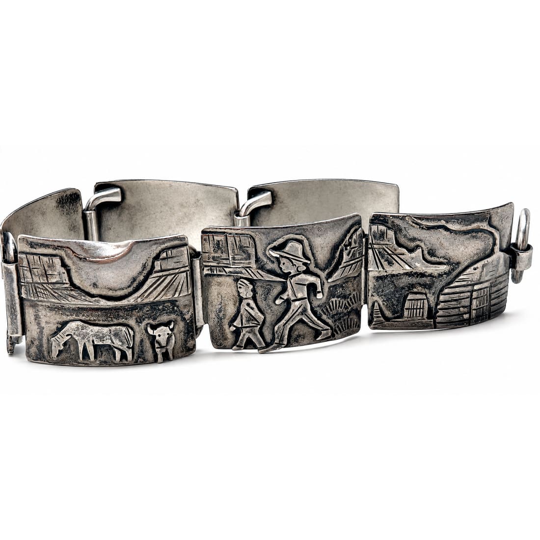 Vintage Navajo Sterling Silver Storyteller Panel Bracelet J. Livingston Signed