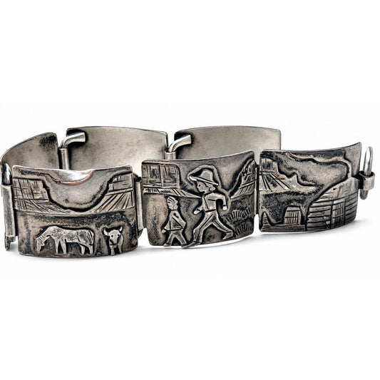 Vintage Navajo Sterling Silver Storyteller Panel Bracelet J. Livingston Signed
