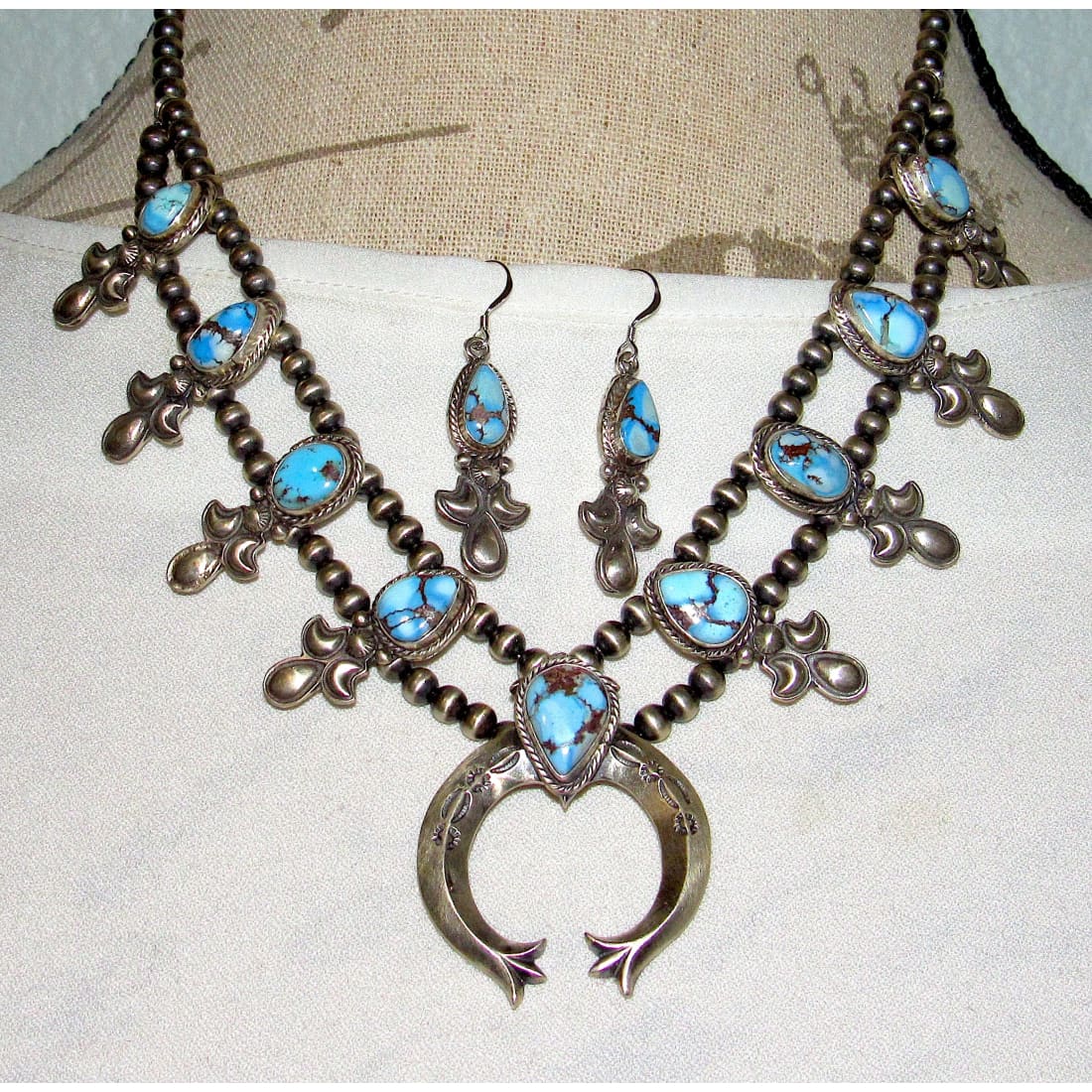 Navajo Golden Hills Turquoise Sterling Squash Blossom Necklace & Earrings Set