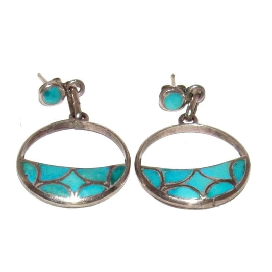Old Pawn Zuni Turquoise Fish Scale Inlay Dangle Earrings Sterling Silver