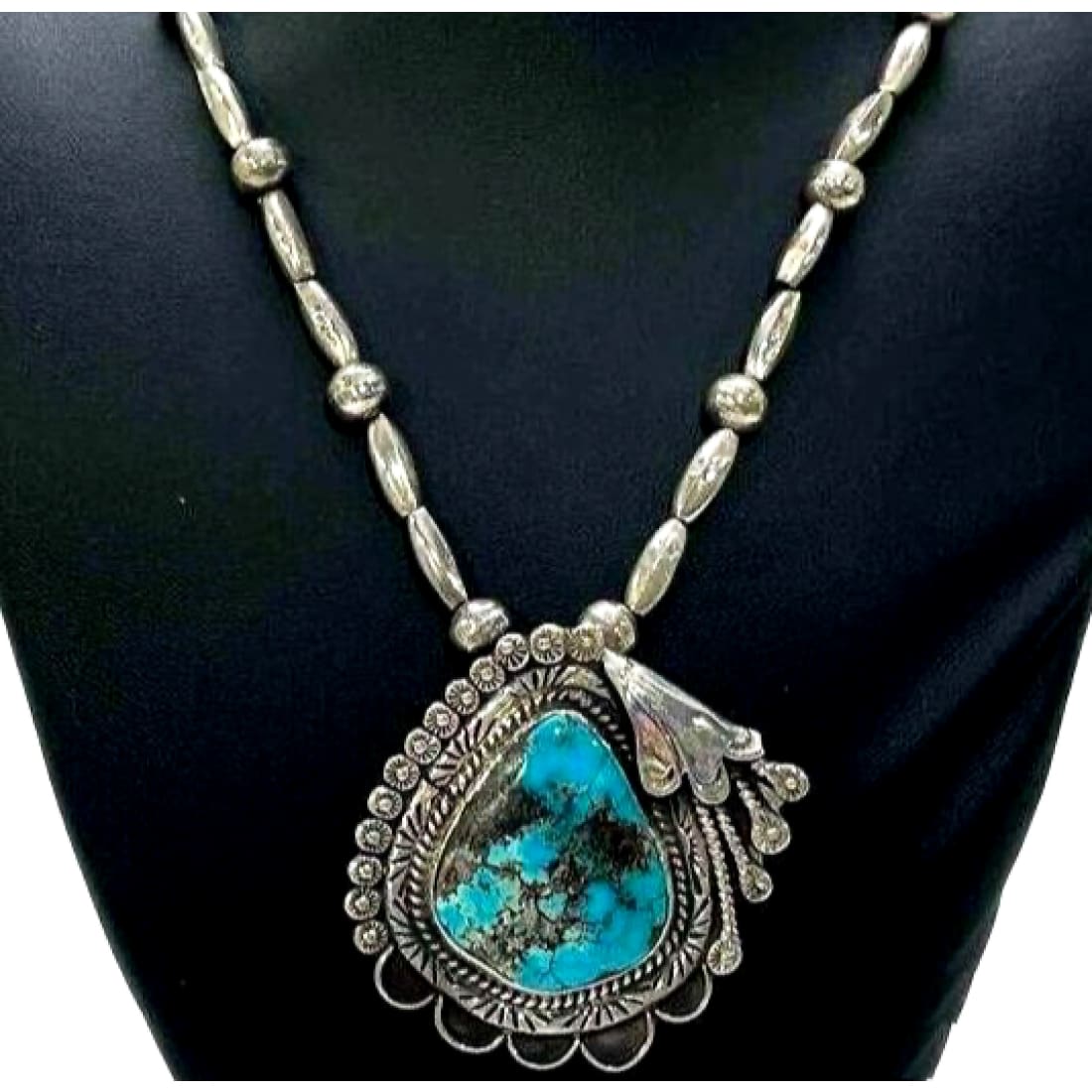 VTG Navajo Morenci Turquoise Pendant Necklace Sterling Navajo Pearls Necklace