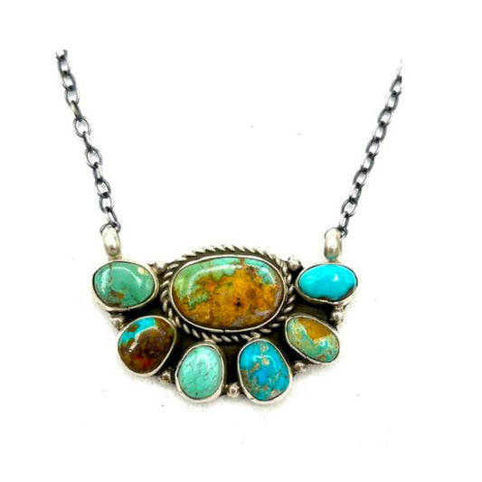 Navajo Royston Turquoise Cluster Bar Necklace Sterling Silver G. James