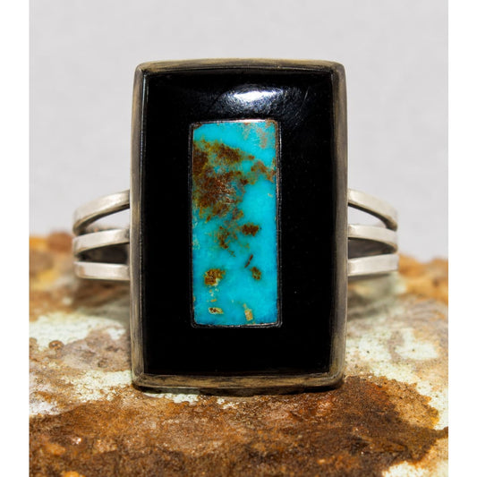 Zuni Royston Turquoise Jet Ring by Harlan Coonsis Sz 7.5 Native American Signed