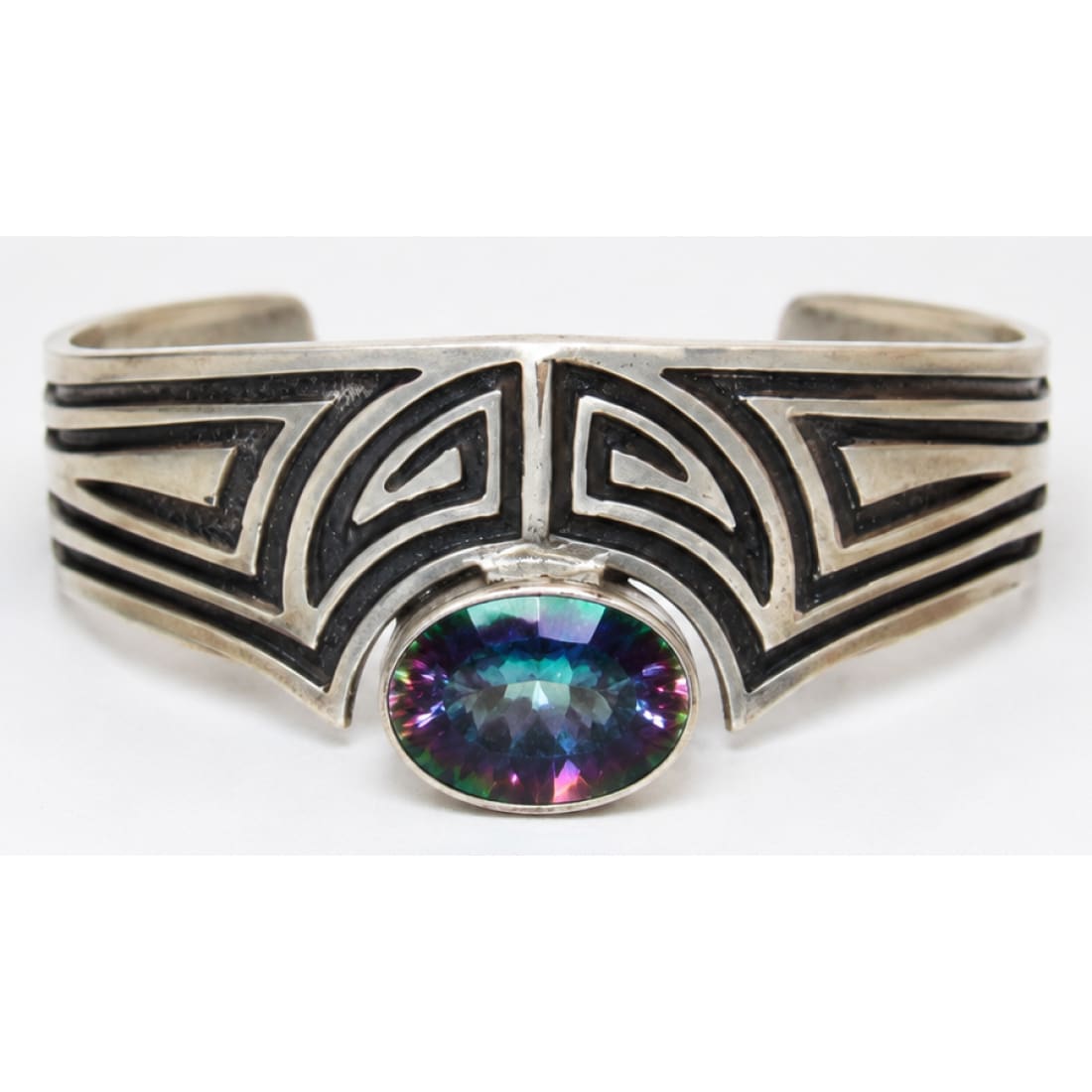 Navajo Sterling Silver Mystic Topaz Native American Cuff Bracelet C. Johnson