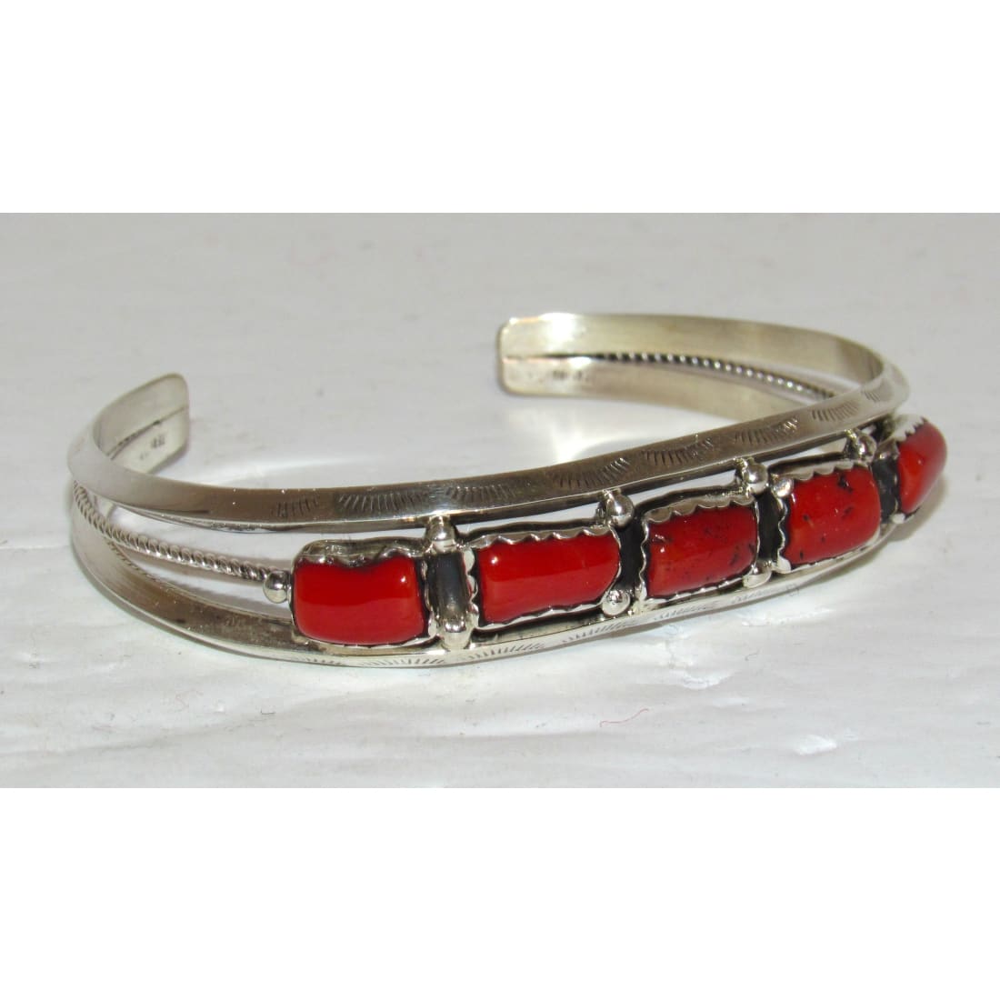 Navajo Mediterranean Coral Stacker Cuff Bracelet Sterling Silver 7 1/2" Wrist