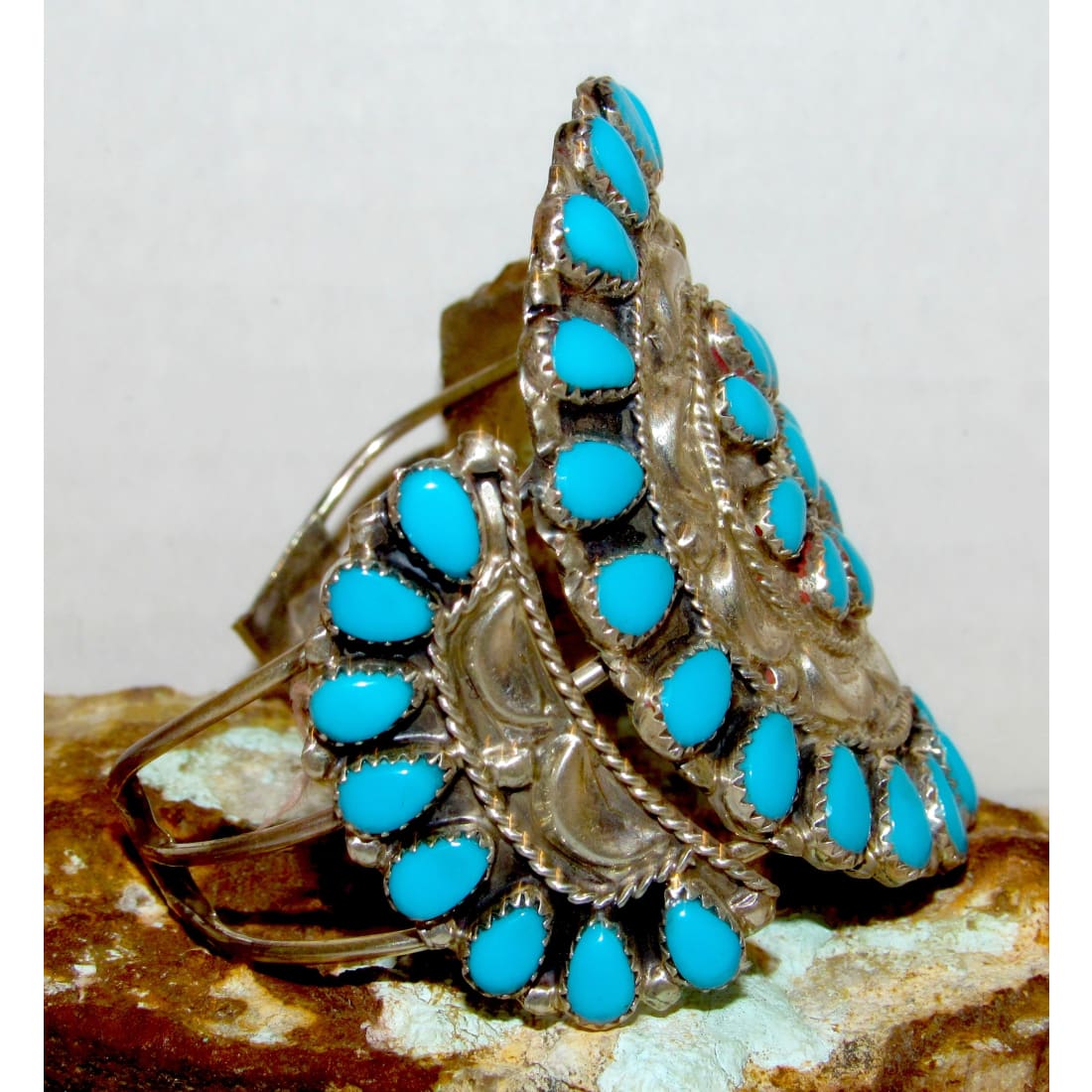 Navajo Turquoise Cluster Sterling Silver Cuff Bracelet D. Wauneka