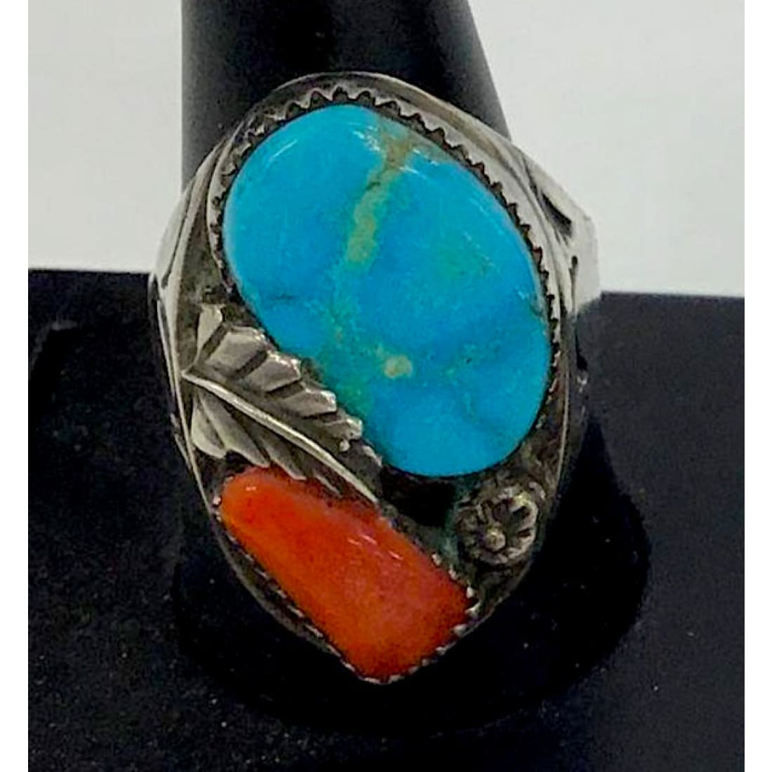 Old Pawn Zuni Men Ring Size 12 Turquoise Coral Sterling Silver Simplicio Family