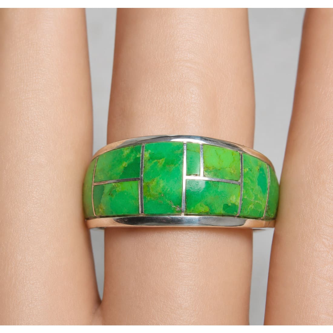 Navajo Green Gaspeite Cobble Inlay Ring Sz 7 Sterling Silver E Yazzie
