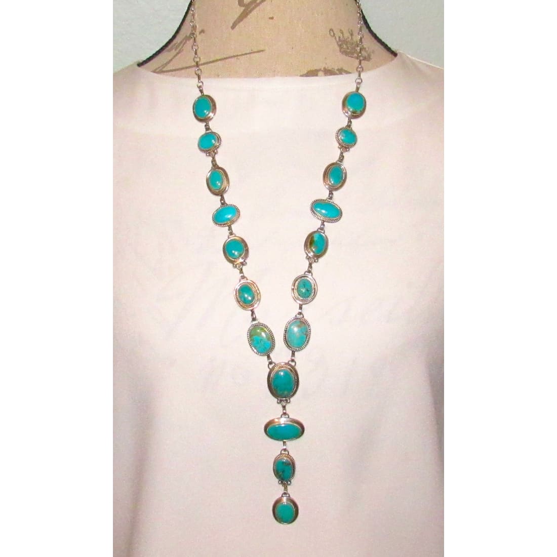 Navajo Royston Turquoise Lariat Necklace Sterling Silver K. Pino