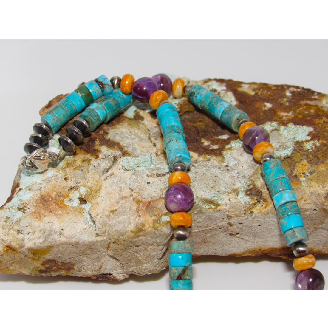 Navajo Rolled Shell Orange Spiny, Amethyst & Turquoise Heishi Choker Necklace