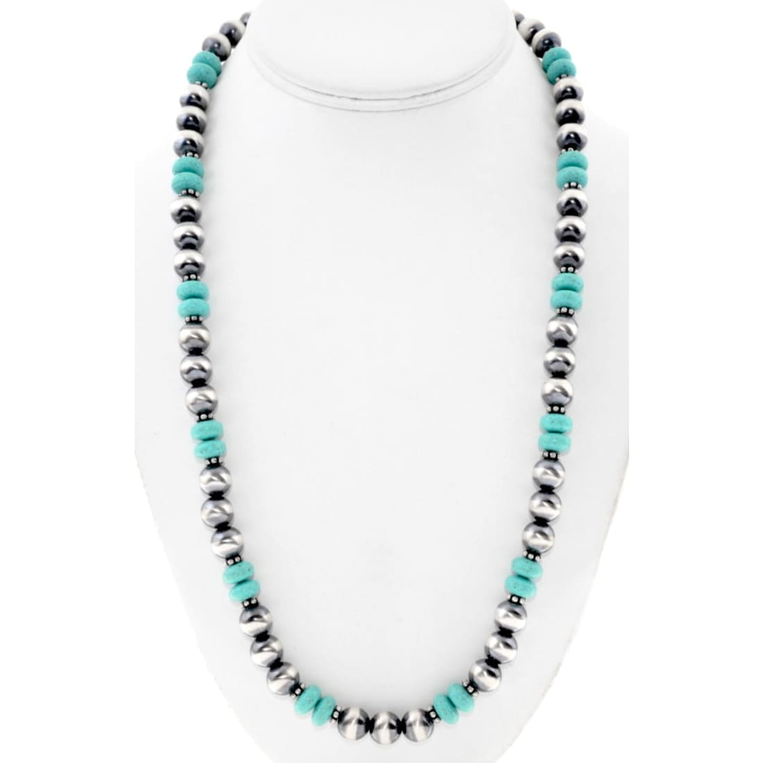 Navajo Pearls Necklace Sterling Silver Turquoise Beads Accents 25"L
