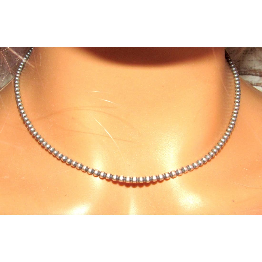 Navajo Pearls Necklace 3mm Sterling Silver Beads Necklace 18"L