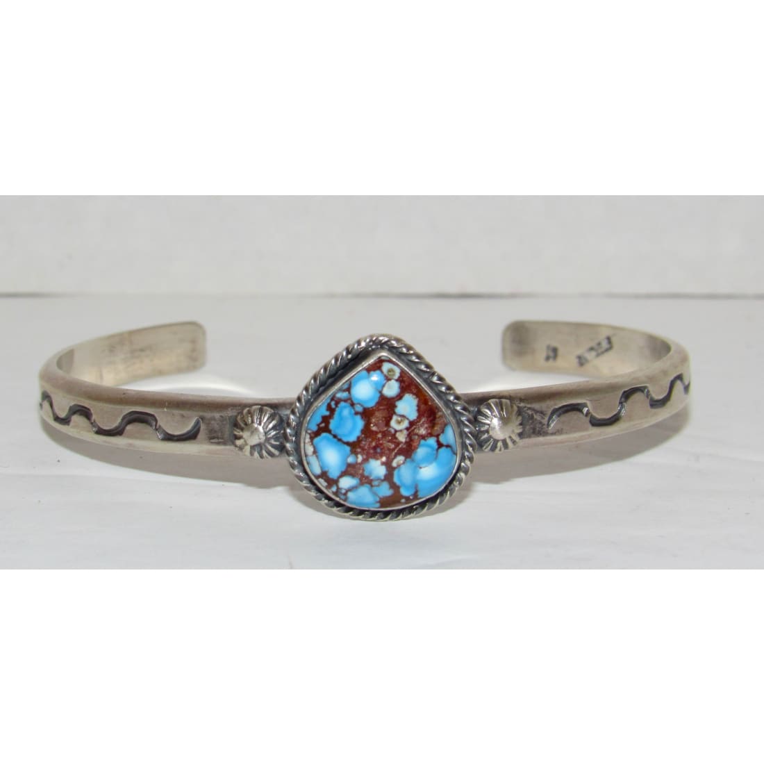 Navajo Golden Hills Turquoise Stacker Cuff Sterling Hand Etched Bracelet S. Yellowhair
