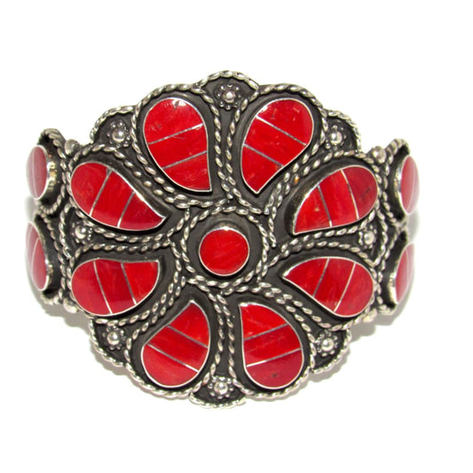 Vintage Zuni Mediterranean Coral Cluster Cuff Bracelet Sterling Silver