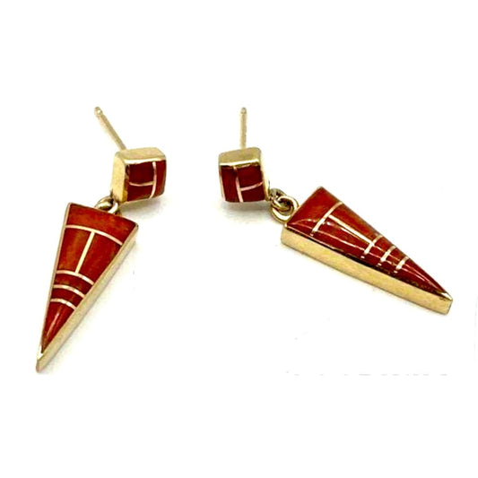 Navajo 14k Gold Mediterranean Coral Dangle Earrings Native American