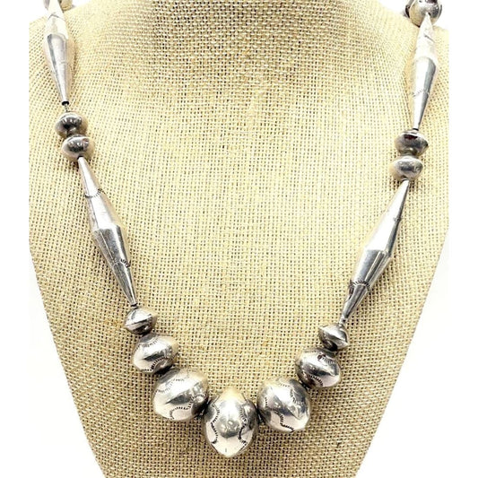 Old Pawn Navajo Pearls Necklace Hand Made Stamped Saucer Beads Sterling Silver 23"