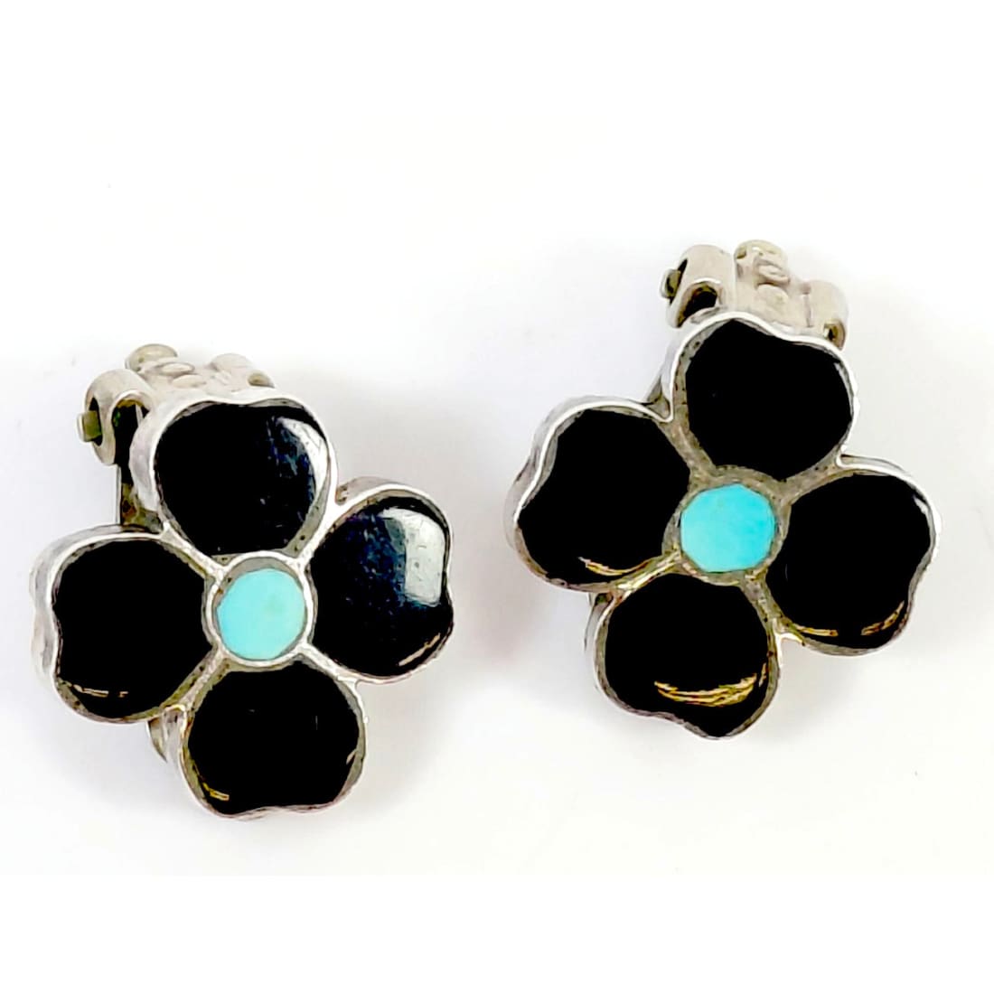 Vintage Zuni Flower Inlay Clip On Earrings Turquoise Jet Sterling Silver