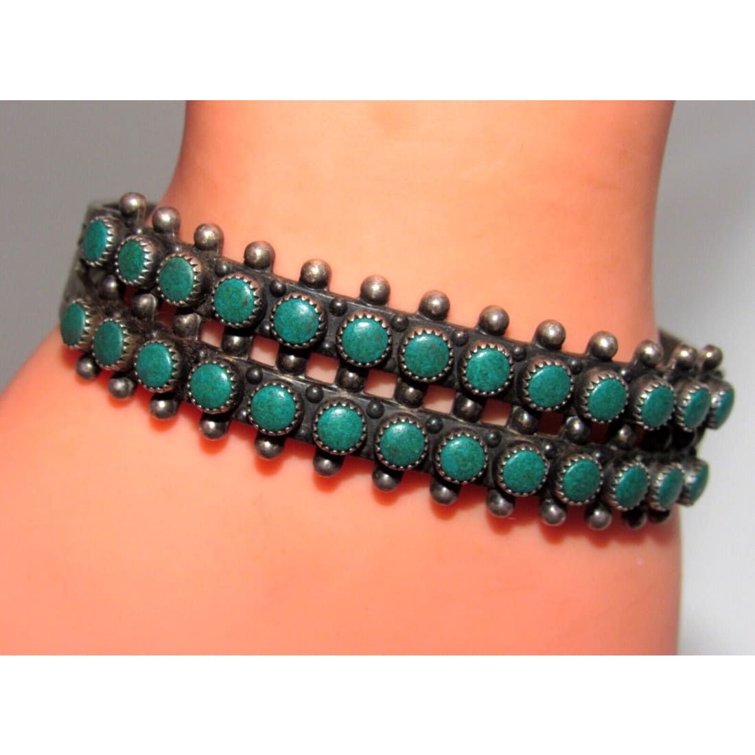 Old Pawn Zuni Snake Eye Turquoise Double Row Cuff Bracelet Sterling Silver