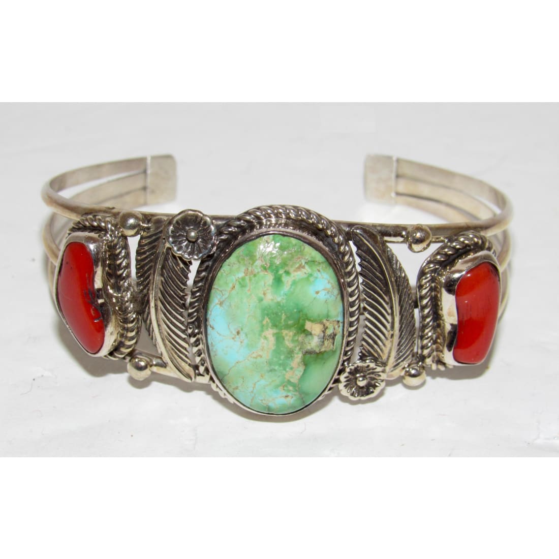 Navajo Royston Turquoise Coral Cuff Bracelet Sterling Silver J Begay