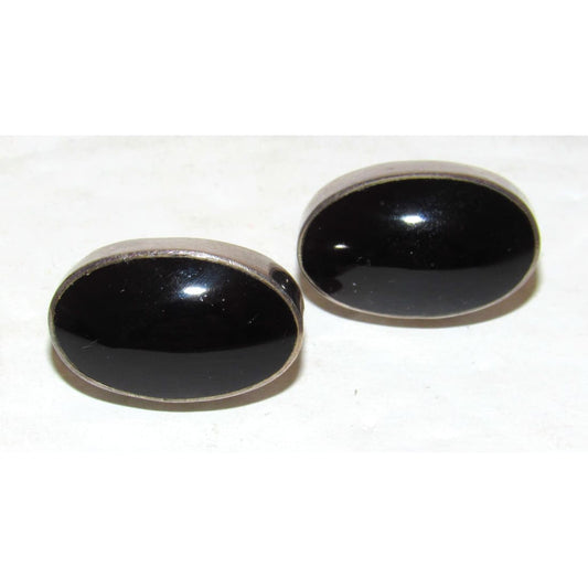 Vintage Taxco Black Onyx Post Earrings Sterling Silver Signed