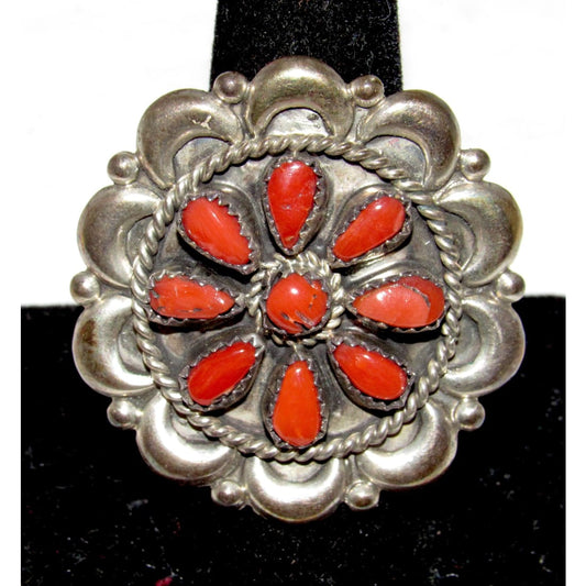Vintage Navajo Coral Cluster Ring Sterling Silver Signed Size 8
