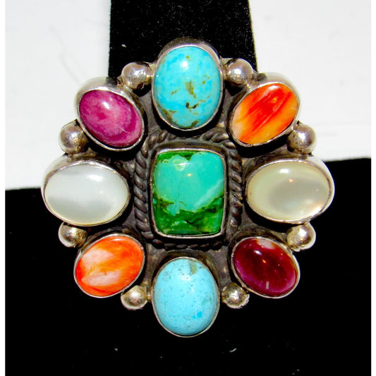Navajo Turquoise Spiny MOP Cluster Ring Sz 8 Sterling Silver A. Bahe