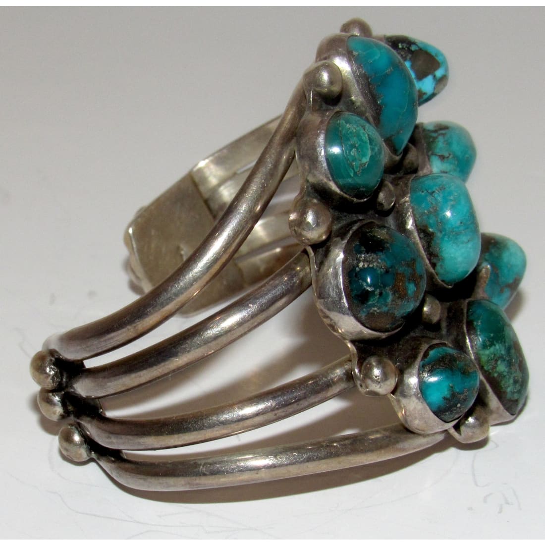Vintage Massive Navajo Morenci Turquoise Cluster Cuff Bracelet Silver Native Signed