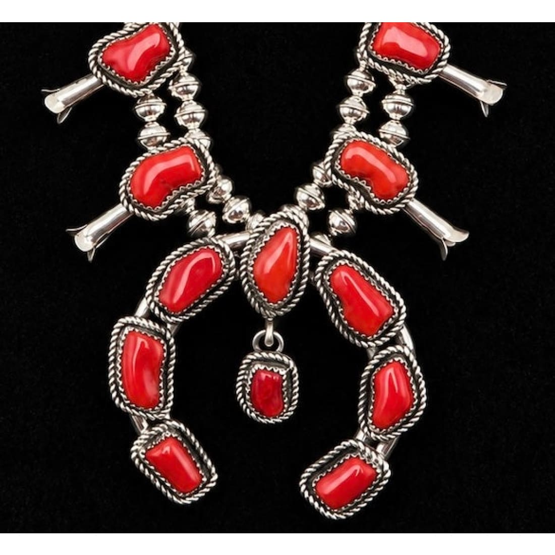 Navajo Mediterranean Coral Squash Blossom Necklace & Earrings Set Sterling