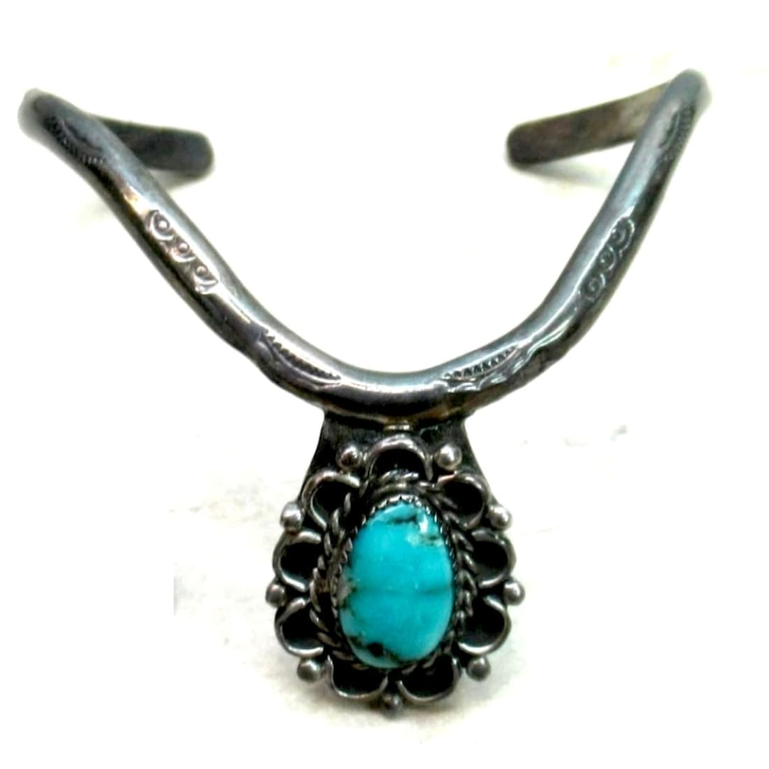 Vintage Navajo Sterling Silver Turquoise V Shaped Cuff Ingot Old Pawn Signed