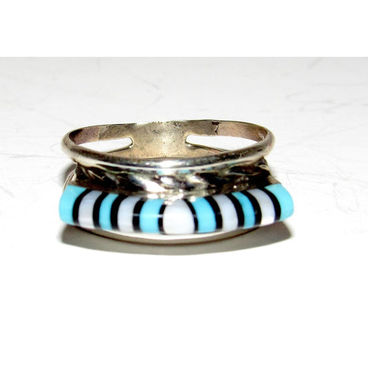 Vintage Zuni 3D Turquoise MOP Inlay Band Ring Size 7.5 Sterling Silver