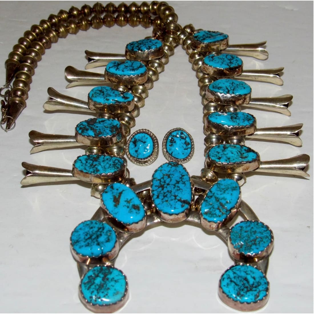 Vintage Navajo Squash Blossom Necklace Earrings Set Kingman Turquoise Sterling Silver
