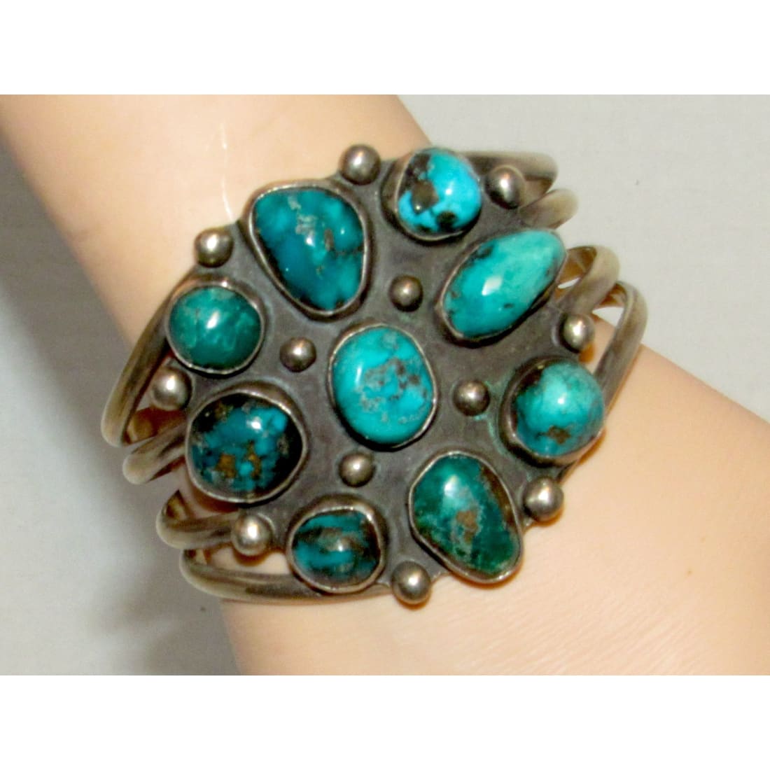 Vintage Massive Navajo Morenci Turquoise Cluster Cuff Bracelet Silver Native Signed