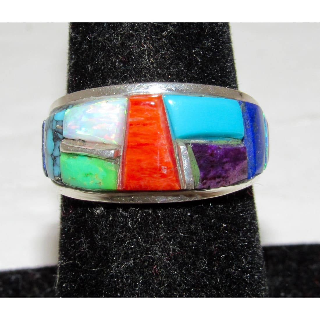 Navajo Orange Spiny Turquoise Cobble Inlay Ring Sz 6.5 Sterling Silver E. Yazzie