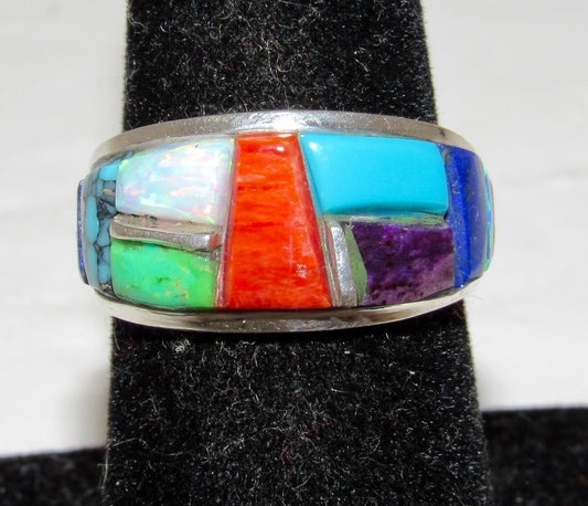 Navajo Orange Spiny Turquoise Cobble Inlay Ring Sz 6.5 Sterling Silver E. Yazzie