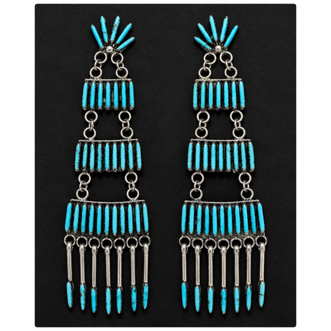 Zuni Needlepoint Turquoise Dangle Statement Earrings Sterling Silver 3"
