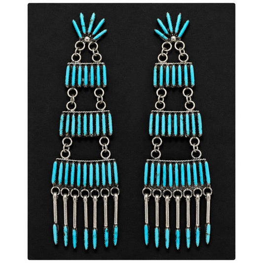 Zuni Needlepoint Turquoise Dangle Statement Earrings Sterling Silver 3"