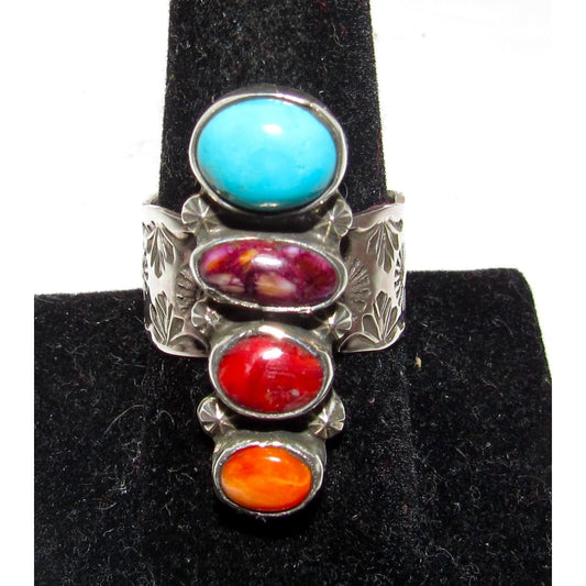 Navajo Turquoise Orange Red Purple Spiny Cluster Ring Sz 9 Sterling Silver